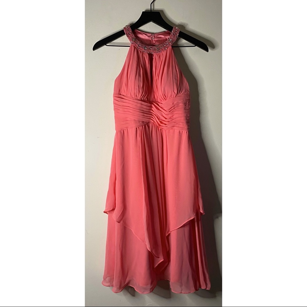 Eliza J Pink Embellished Neck Layered Chiffon Dress - Picture 2 of 10